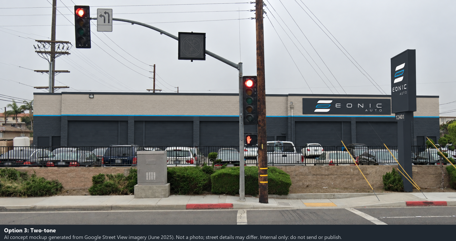 Option 3: Two-tone. Exterior mockup, not an actual shop photograph.