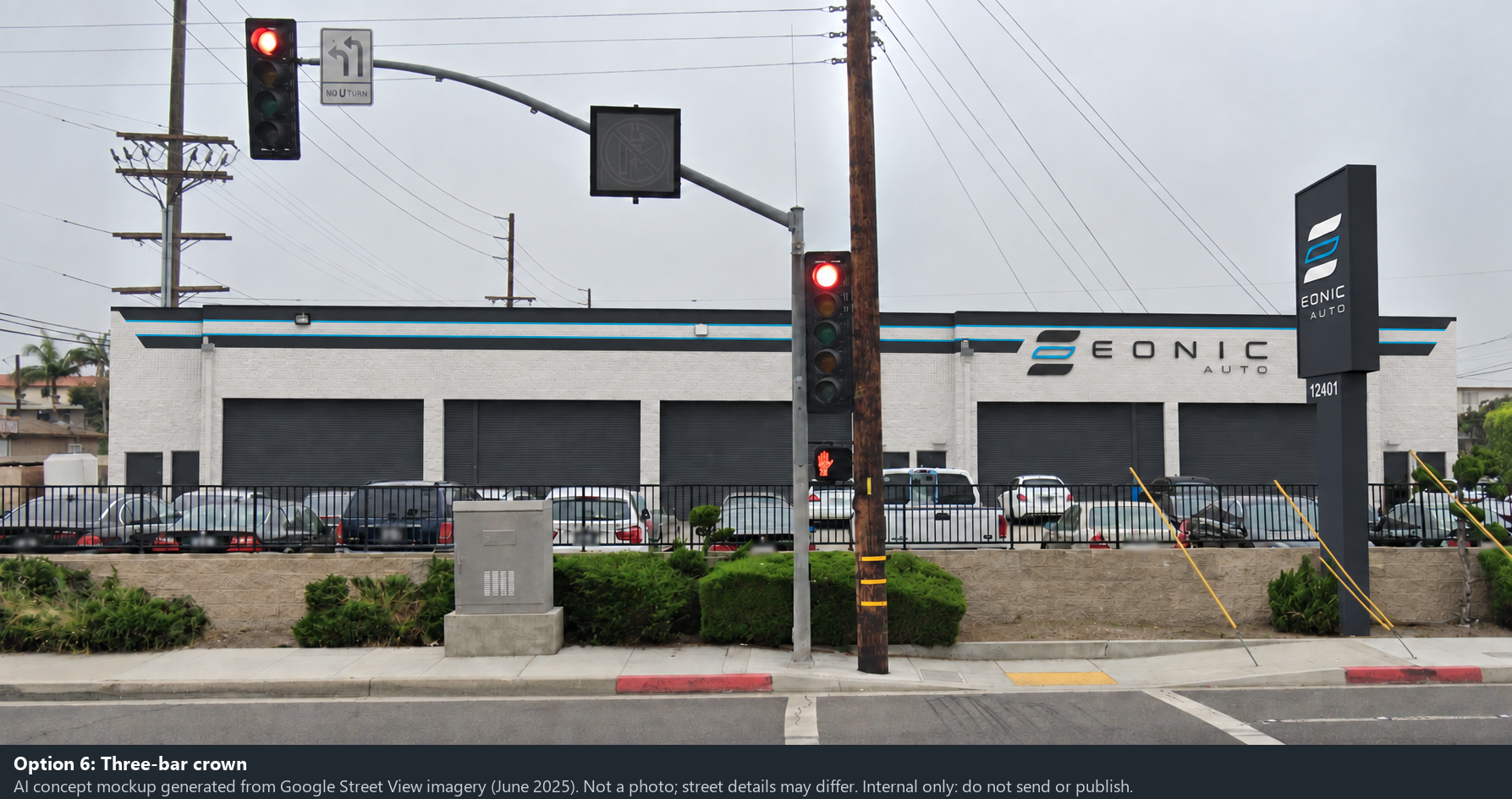 Option 6: Three-bar crown. Exterior mockup, not an actual shop photograph.