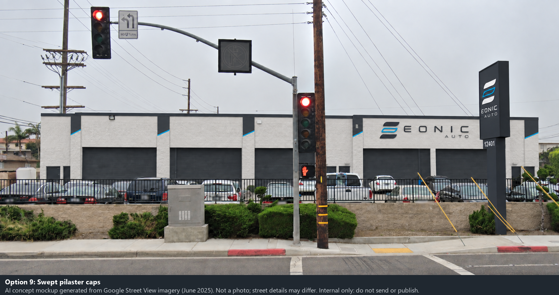 Option 9: Swept pilaster caps. Exterior mockup, not an actual shop photograph.