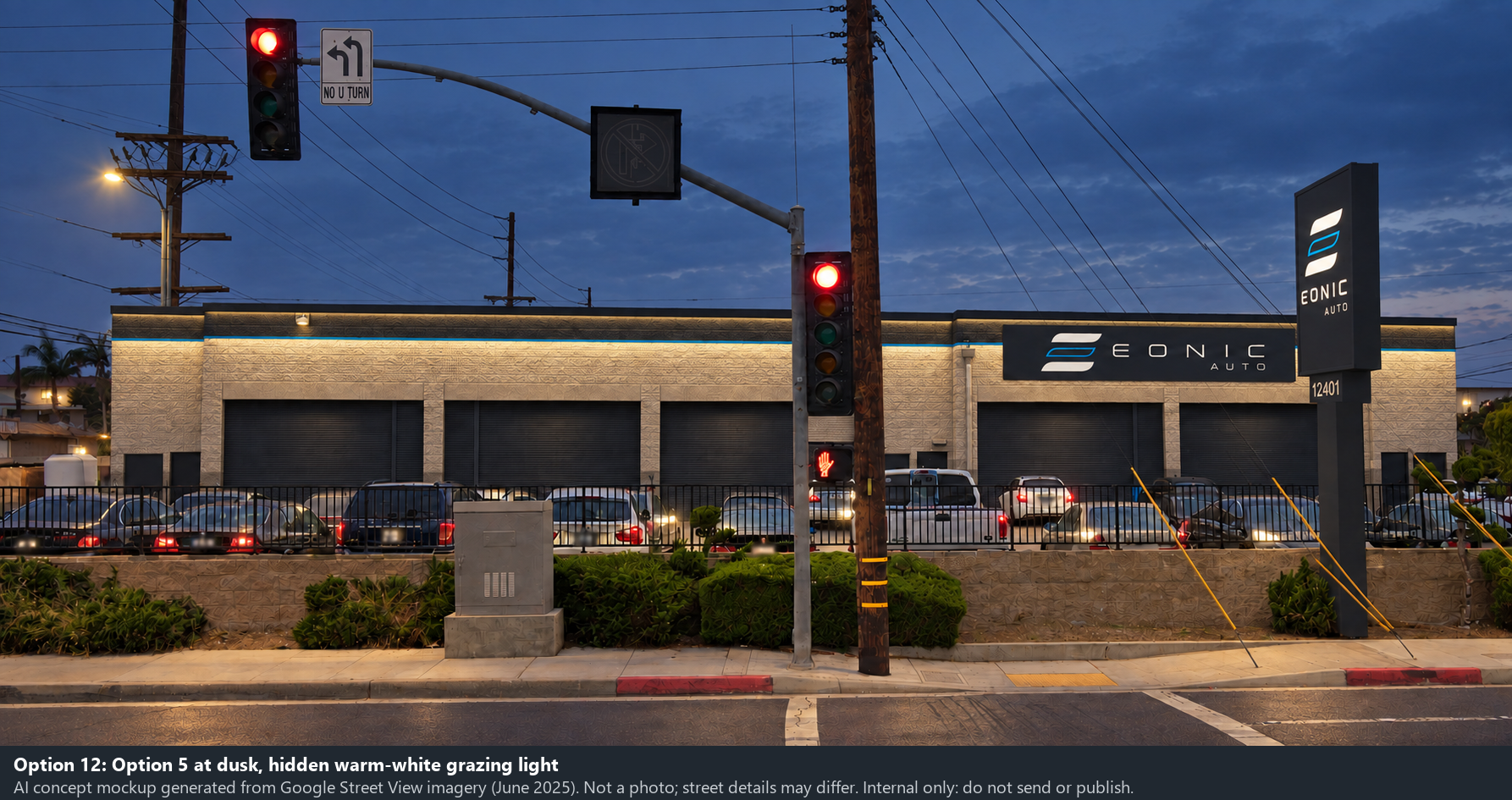 Option 12: Warm light at dusk. Exterior mockup, not an actual shop photograph.